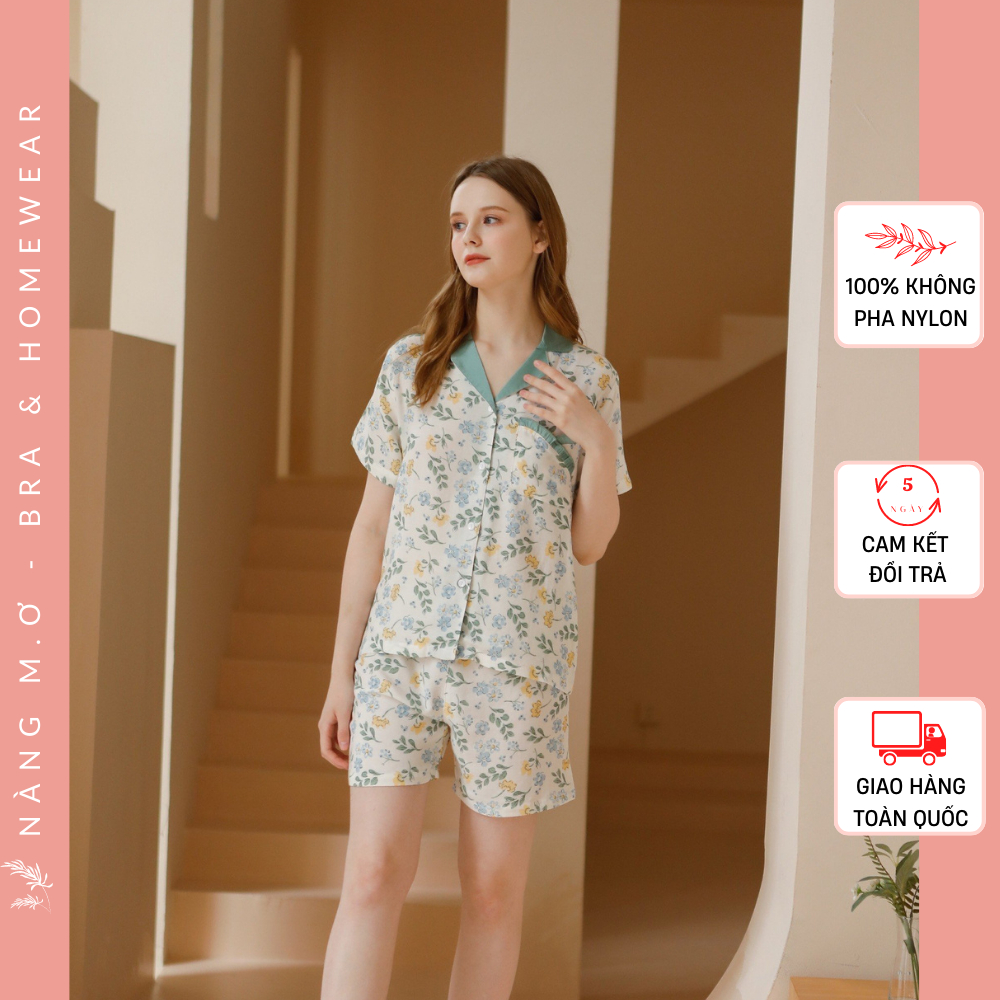 Bộ đồ mặc nhà nữ pyjamas cotton sợi tre áo cộc quần ngắn thoáng mát họa tiết hoa xanh siêu xinh