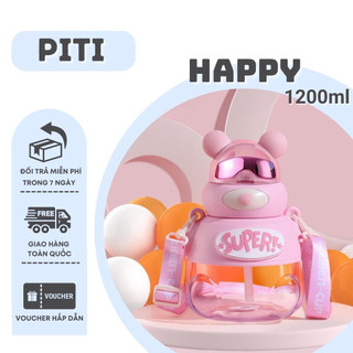 Bình đựng nước PITI dung tích 1200m bình nước supper gấu có tặng kèm ống hút và sticker dễ thương