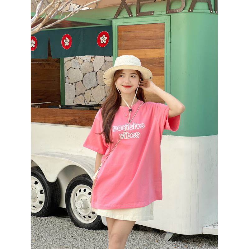 BIBOO - Áo thun cổ tròn tay ngắn in chữ POSITIVE VIBES chất liệu vải thun cotton