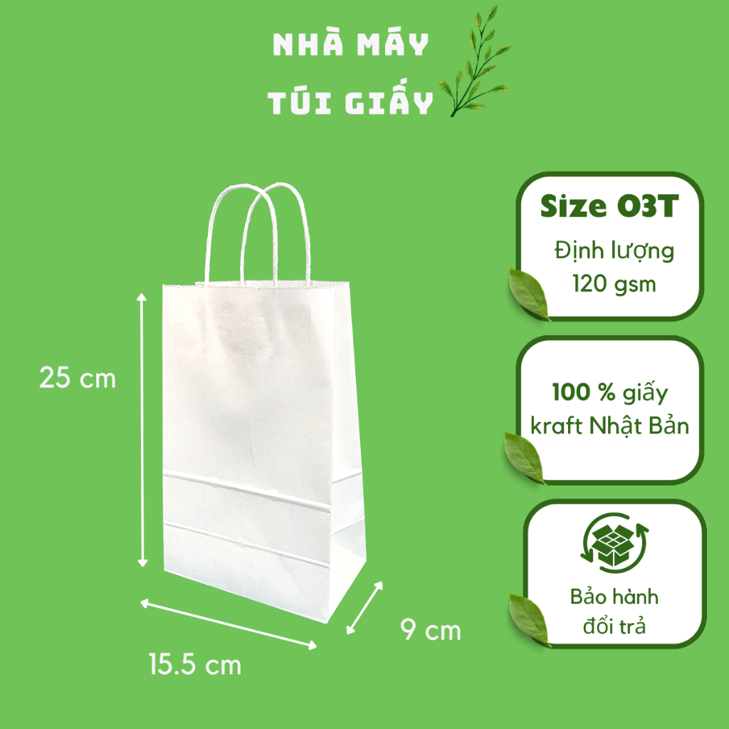 20 chiếc túi giấy màu trắng đựng quà mịn đẹp không mùi size 03: 11.5x9x25cm có quai