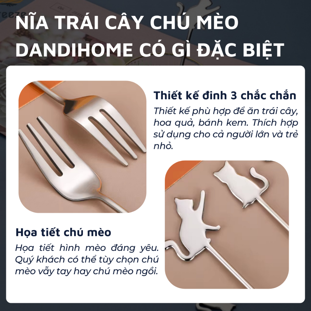 Nĩa/dĩa ăn trái cây, hoa quả, bánh kem inox 304 DandiHome hoạt hình dễ thương hình chú mèo