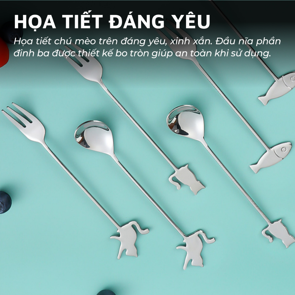 Nĩa/dĩa ăn trái cây, hoa quả, bánh kem inox 304 DandiHome hoạt hình dễ thương hình chú mèo