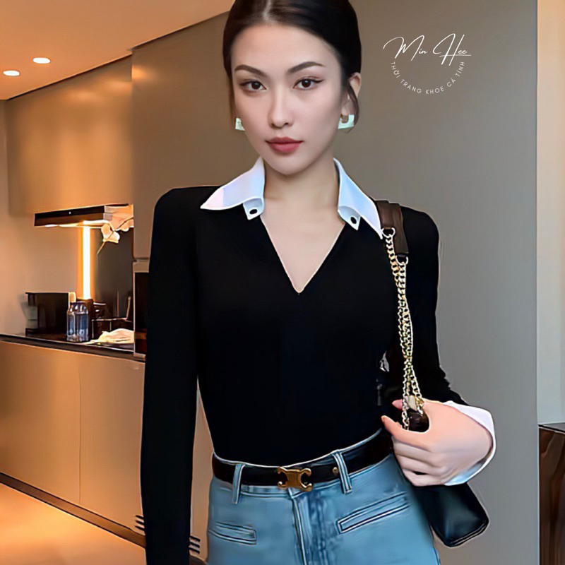 Áo thun nữ tay dài lai trắng, áo len tăm cao cấp ôm body co giãn tốt