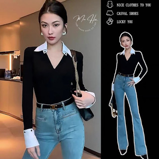 Áo thun nữ tay dài lai trắng, áo len tăm cao cấp ôm body co giãn tốt
