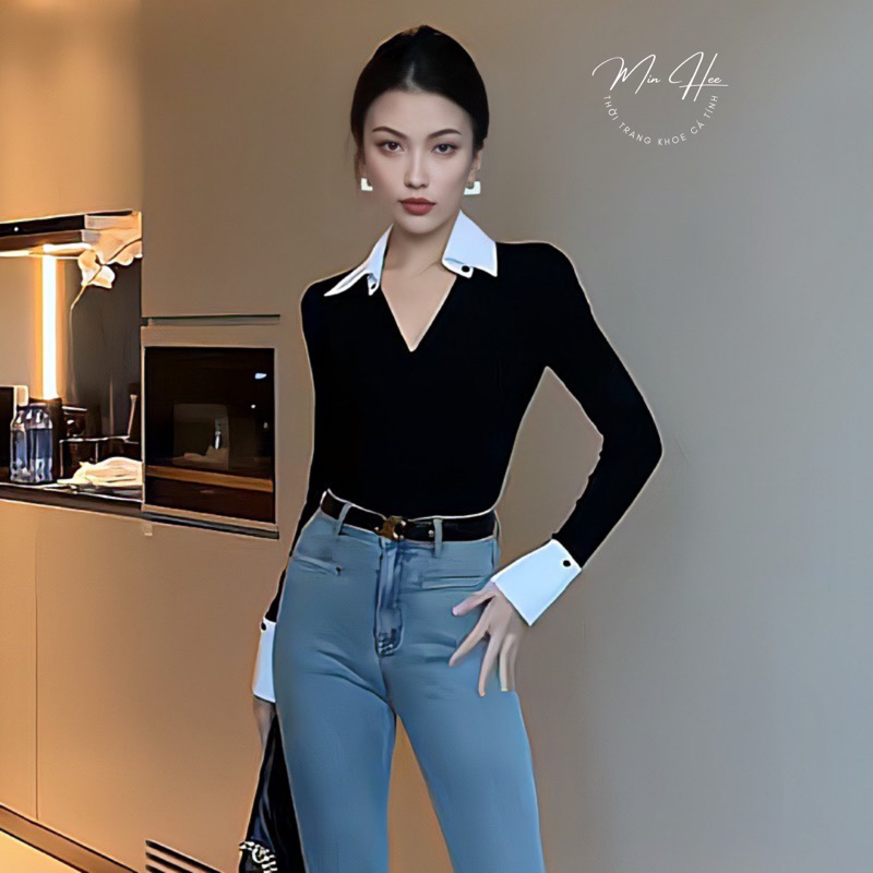 Áo thun nữ tay dài lai trắng, áo len tăm cao cấp ôm body co giãn tốt