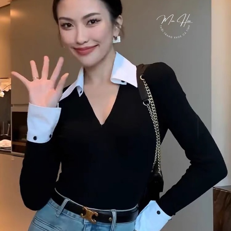 Áo thun nữ tay dài lai trắng, áo len tăm cao cấp ôm body co giãn tốt