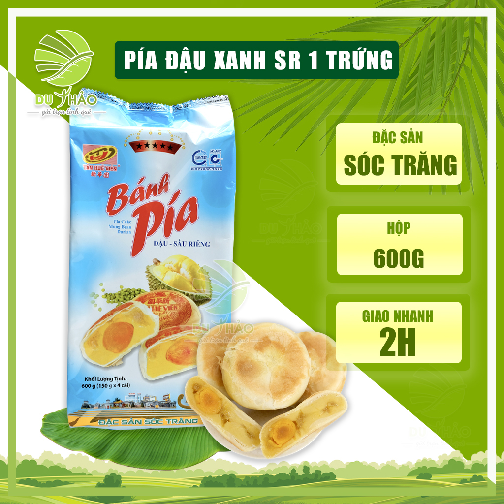 Bánh pía Tân Huê Viên đậu xanh sầu riêng 1 trứng muối  600g, bánh pía Sóc Trăng đặc biệt 5 sao túi 4 bánh