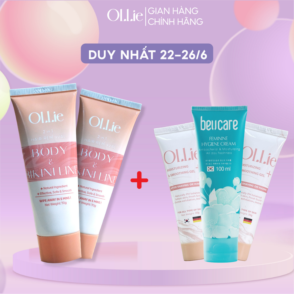 [COMBO TIẾT KIỆM 22-26/6] combo 2 Kem tẩy lông OLLIE +2 gel dưỡng ngăn mọc lông+ tặng 1 dung dịch vệ sinh Beucare 100ml