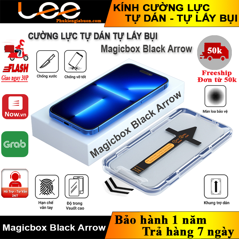 Kính Cường Lực iPhone Magicbox Black Arrow Khung Tự Dán - Tự Lấy Bụi Màng Bảo Vệ Loa (Chính Hãng)