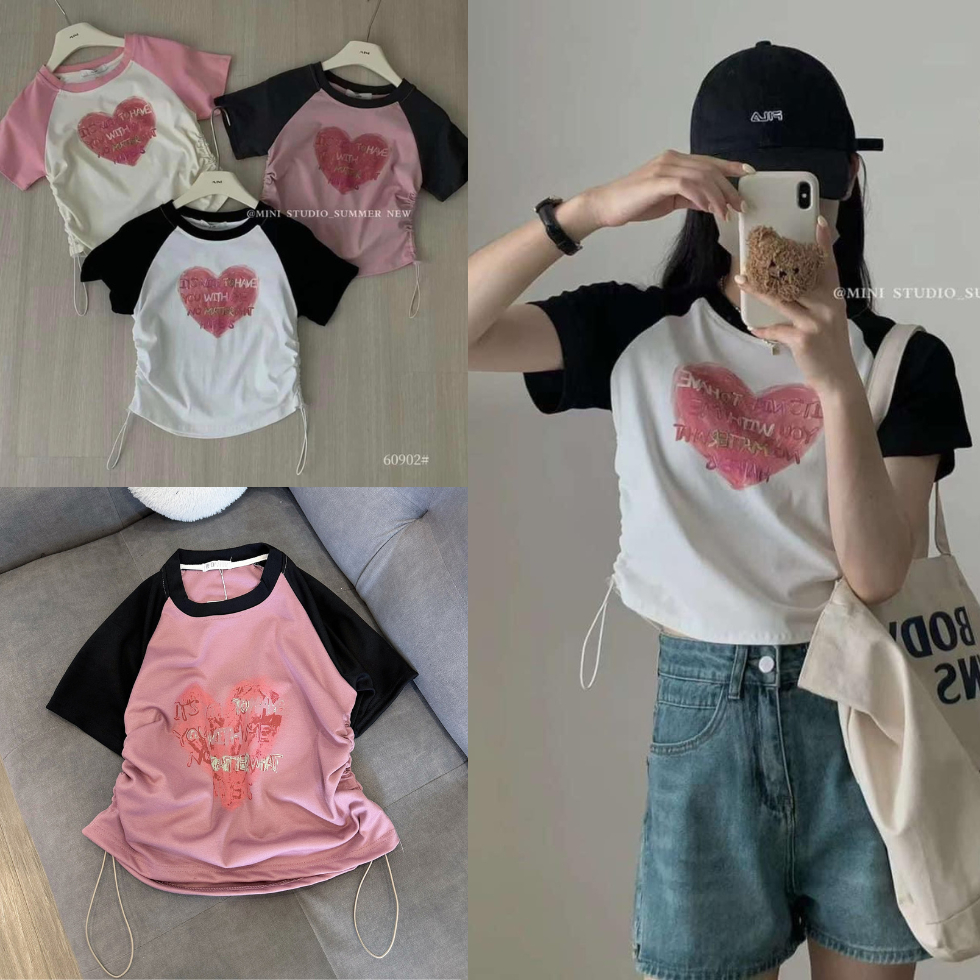 Áo thun baby tee nữ in họa tiết trái tim phối màu kèm dây rút chất liệu cotton thoáng mát