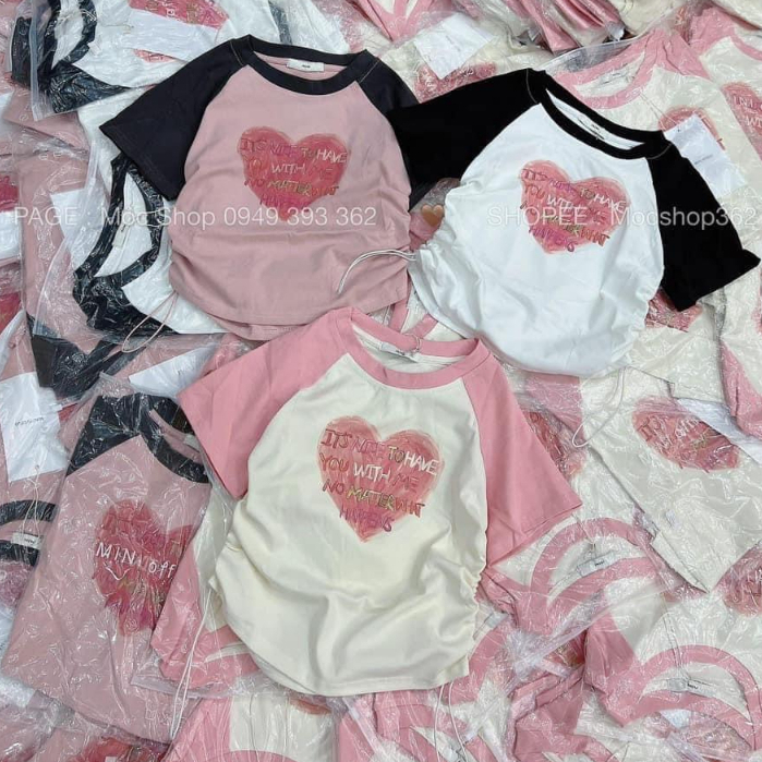 Áo thun baby tee nữ in họa tiết trái tim phối màu kèm dây rút chất liệu cotton thoáng mát