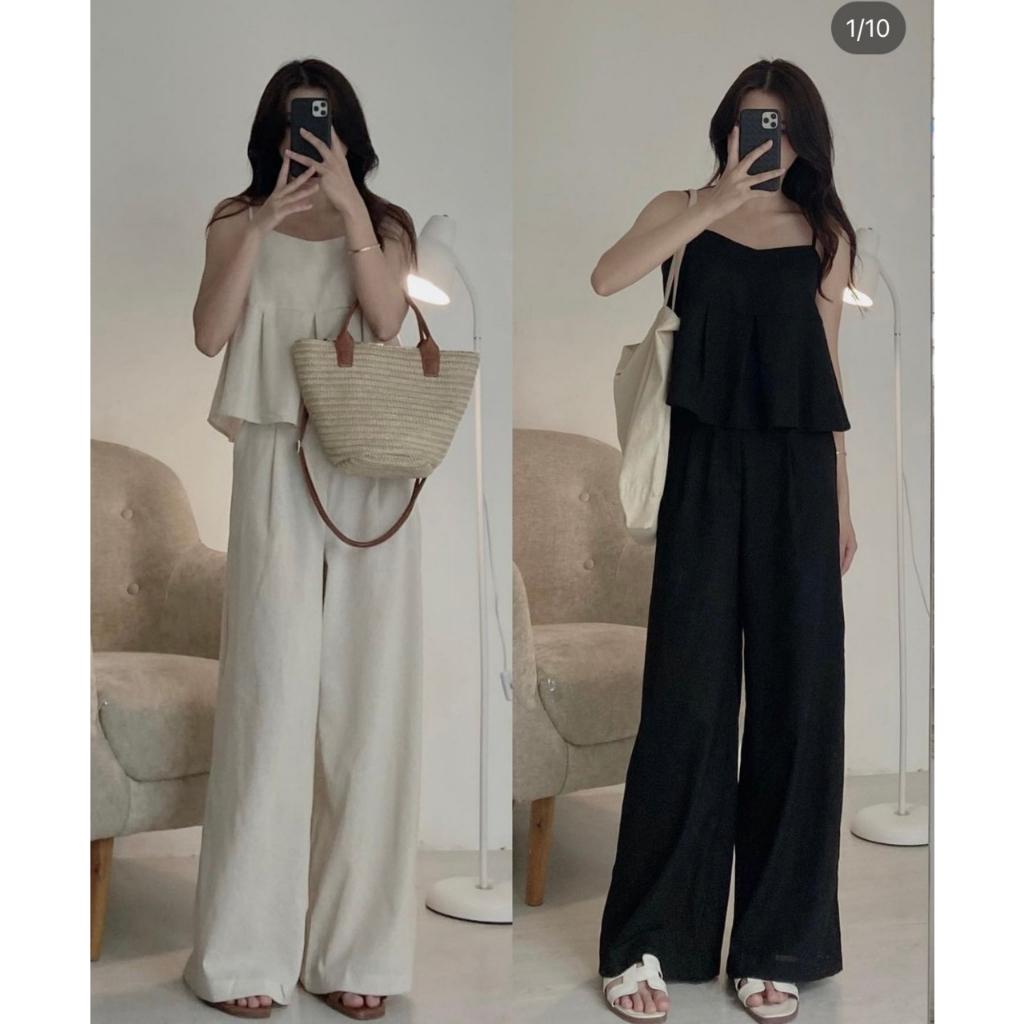 SET LINEN 2 DÂY MIX QUẦN SUÔNG doubleh.clo - Set đồ nữ 2 món áo 2 dây ly bèo kèm quần suông ống rộng hack dáng ulzzang
