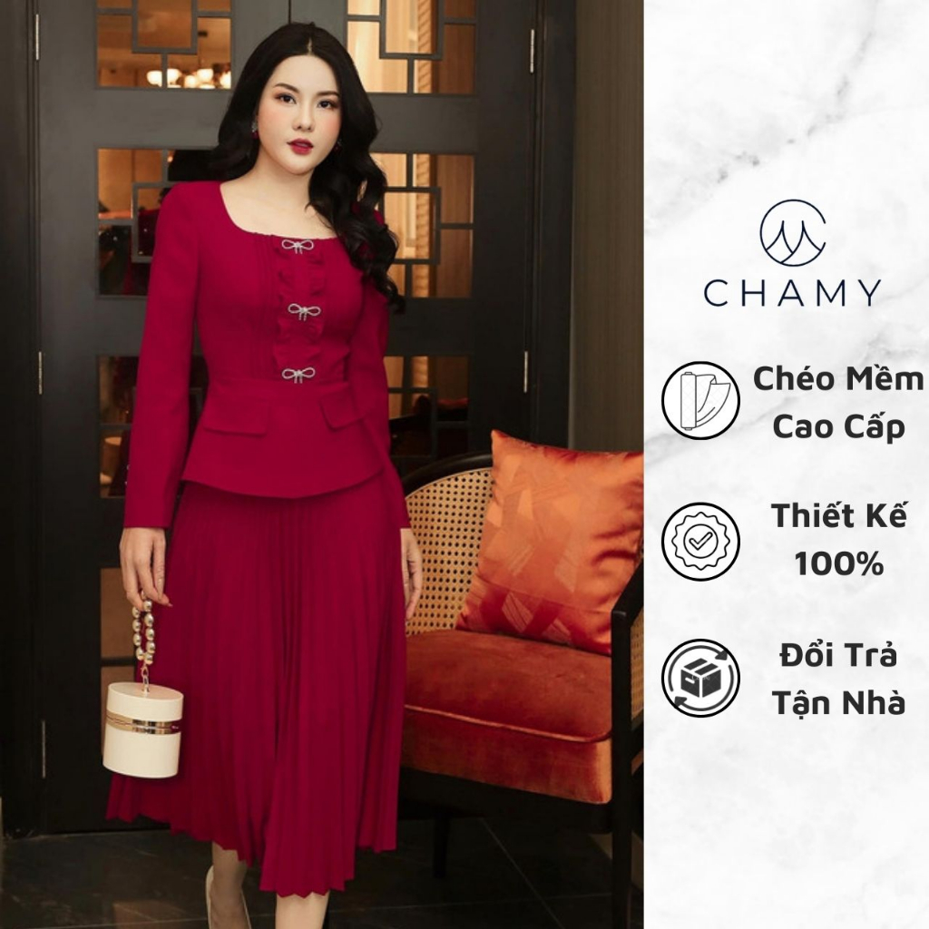 Set 𝐂𝐇𝐀𝐌𝐘 Kris Dáng Ôm Nhẹ Hack Eo Mix Chân Váy Xếp Li Sang Trọng Chất Chéo Cao Cấp