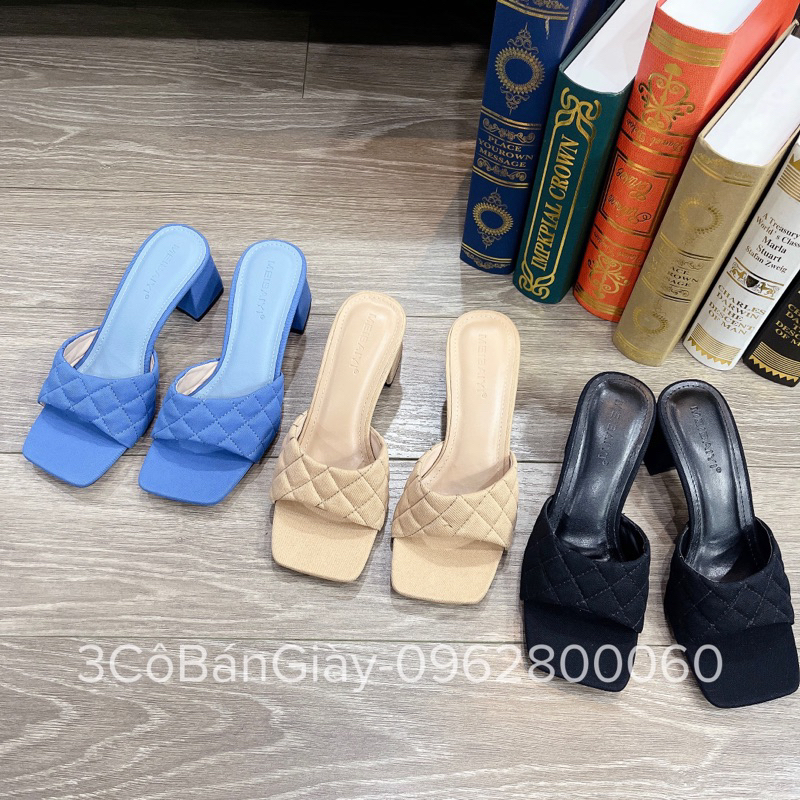 Dép gót nữ 3COBANGIAY quai ngang may chỉ vải jeans trend gót vuông cao 5cm