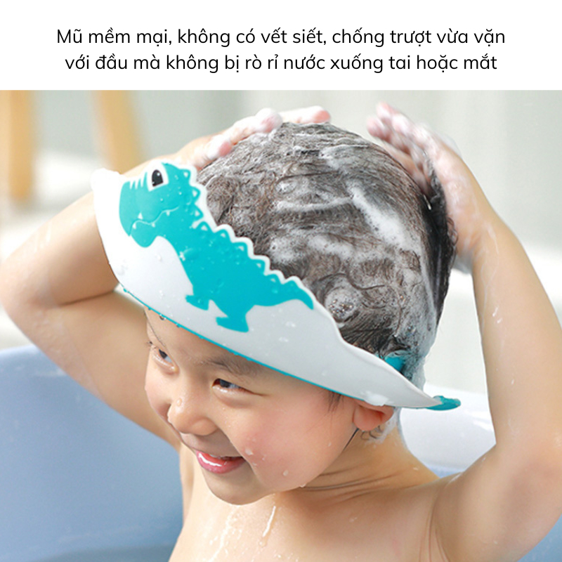 Mũ gội đầu chắn nước hình khủng long bảo vệ tai và mắt chất liệu PP+TE có thể điều chỉnh kích cỡ