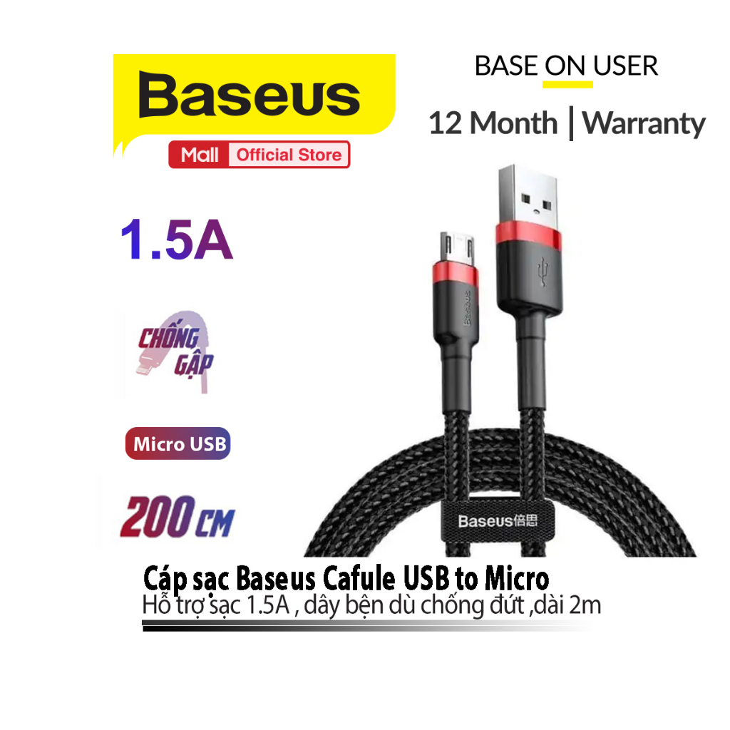 Cáp Sạc Baseus Cafule USB to Micro dây bện dù chống đứt ,dành cho Smartphone Android 1m/2m/3m ( 2.4A/1.5A/2A )
