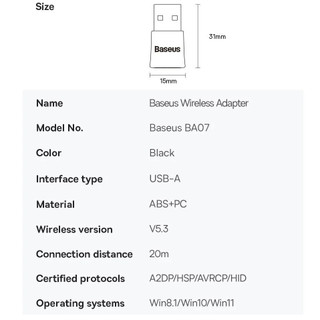 Usb bluetooth cho máy tính Baseus BA07 bluetooth V5.3 -Bảo Hành 6 tháng