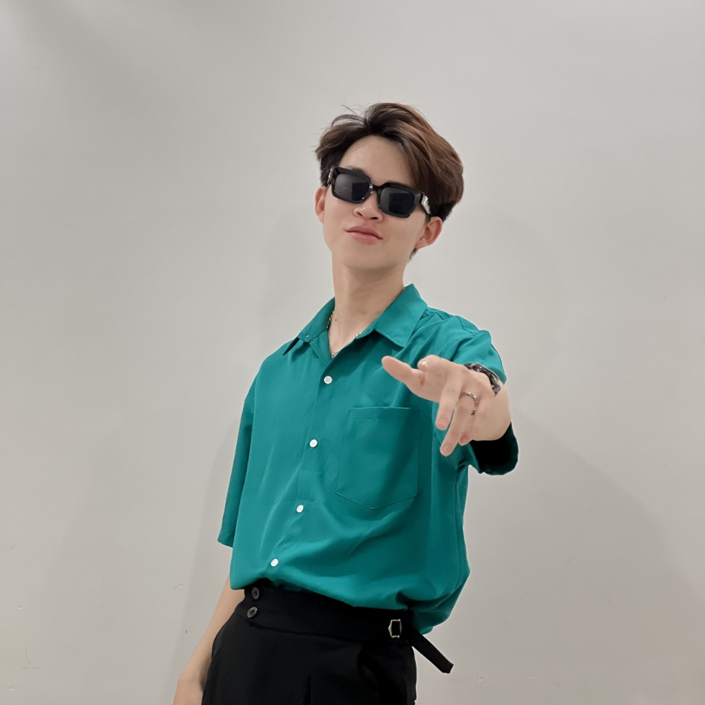 Áo sơ mi trơn tay lỡ cổ bẻ unisex màu XANH KÉT có túi🖤 Nam nữ form rộng ZooZoo ulzzang