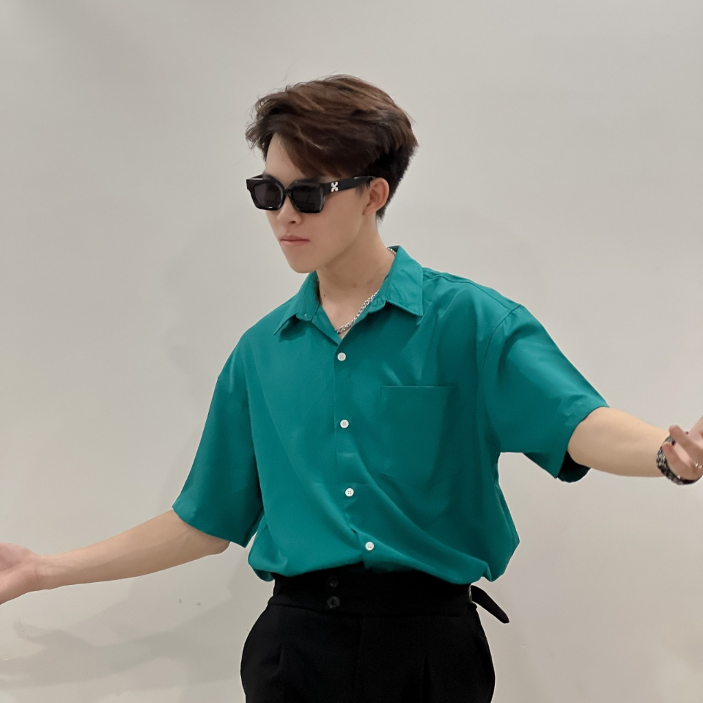 Áo sơ mi trơn tay lỡ cổ bẻ unisex màu XANH KÉT có túi🖤 Nam nữ form rộng ZooZoo ulzzang