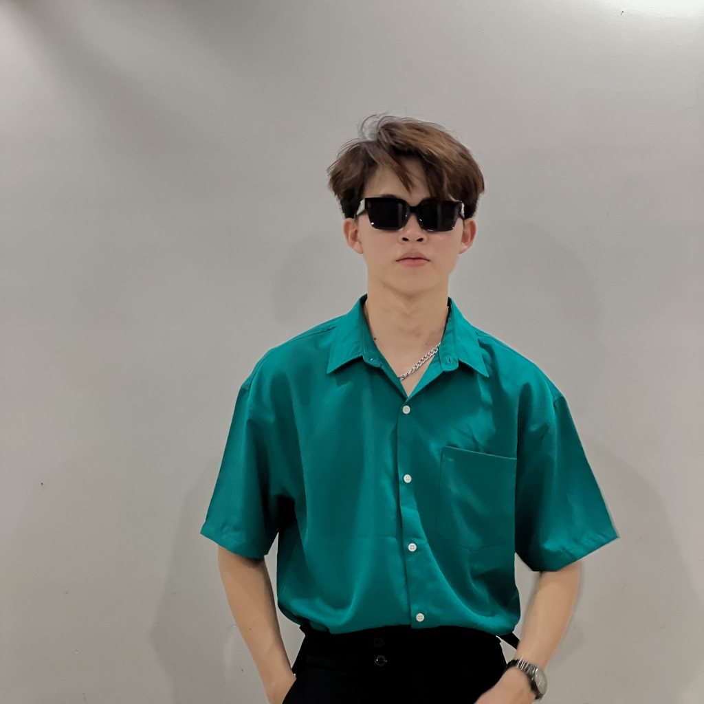 Áo sơ mi trơn tay lỡ cổ bẻ unisex màu XANH KÉT có túi🖤 Nam nữ form rộng ZooZoo ulzzang
