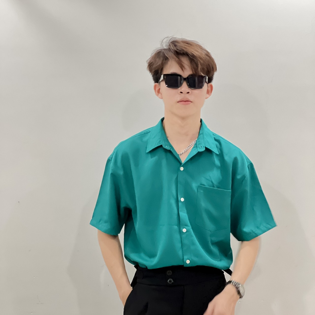 Áo sơ mi trơn tay lỡ cổ bẻ unisex màu XANH KÉT có túi🖤 Nam nữ form rộng ZooZoo ulzzang