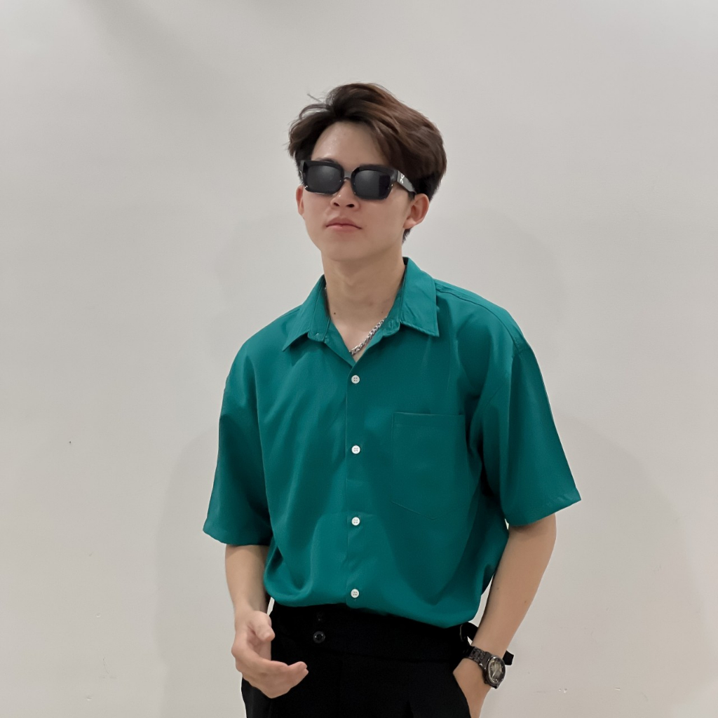 Áo sơ mi trơn tay lỡ cổ bẻ unisex màu XANH KÉT có túi🖤 Nam nữ form rộng ZooZoo ulzzang