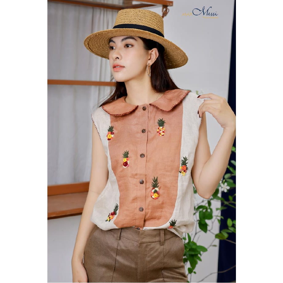MaxMessi - Áo sát nách Linen Tưng Premium PIN cổ sen phối cúc gỗ thêu hoa thủ công