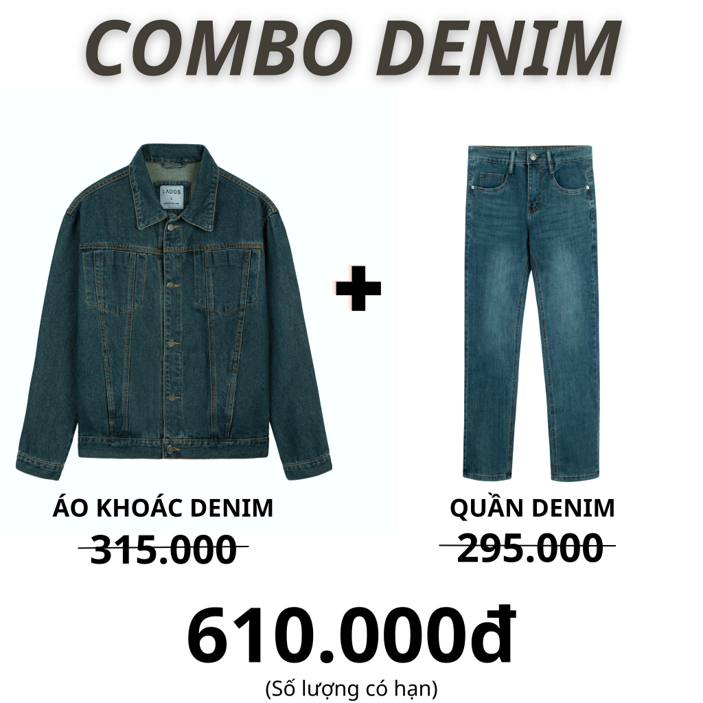 Bộ quần áo denim nam màu xanh vintage LADOS - 7100 vải jean dày dặn, phong cách, cá tính, dễ phối đồ, cao cấp