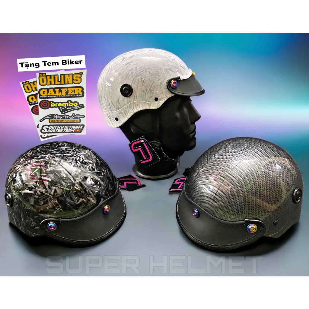 [TẶNG SET BIKER] Nón Bảo Hiểm 1/2 Đầu - Mũ Bảo Hiểm Nhúng CarBon - Gắn 3 Ốc TiTan Gr5 Siêu Ngầu 