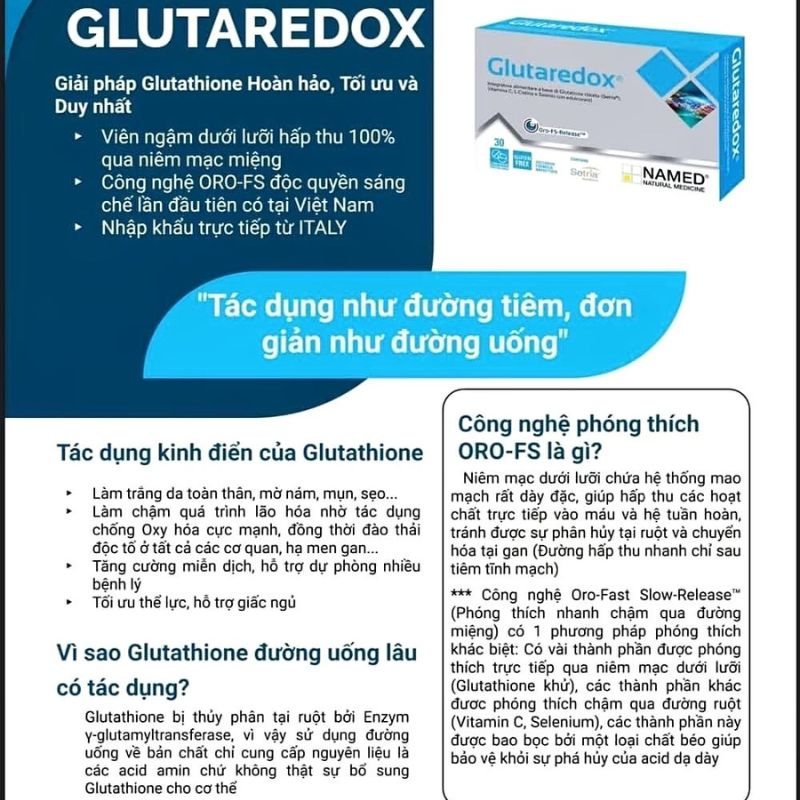 Viên ngậm Glutaredox làm sáng da hiệu quả, thải độc gan, chống lão hoá và tăng cường miễn dịch