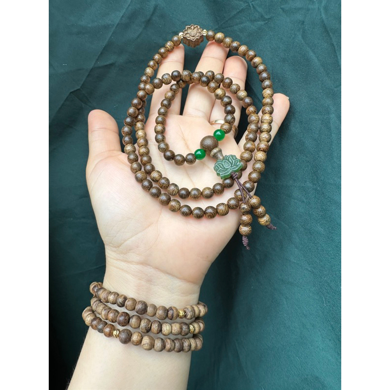 Vòng Đeo Trầm Hương 108 Hạt Mix Charm Hoa Sen Đá - Trầm Hương tốc vườn VTTH72