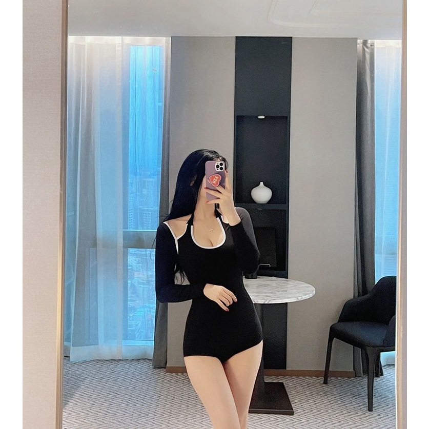 Mẫu mới Bikini một mảnh cut-out vai quyến rũ Hàn Quốc, đồ bơi tay dài chống nắng, monokini chất thun gân mịn