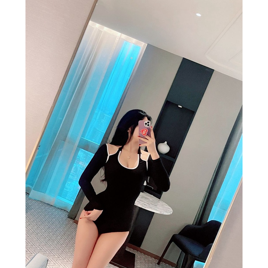 Mẫu mới Bikini một mảnh cut-out vai quyến rũ Hàn Quốc, đồ bơi tay dài chống nắng, monokini chất thun gân mịn