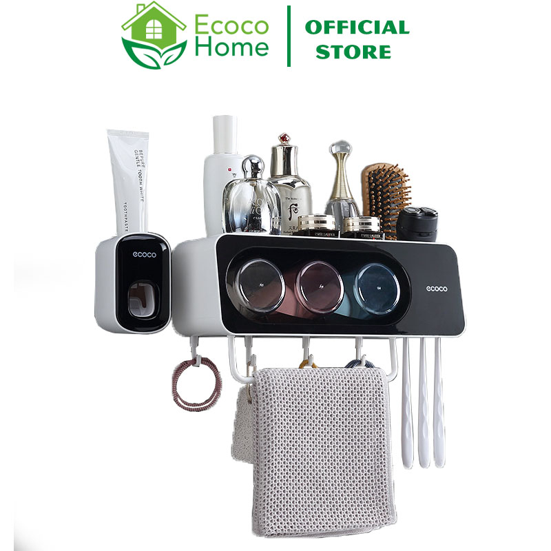Bộ Nhả Kem Đánh Răng Tự Động Có Thanh Treo Khăn, Kệ Để Đồ Phòng Tắm Cao Cấp Ecoco