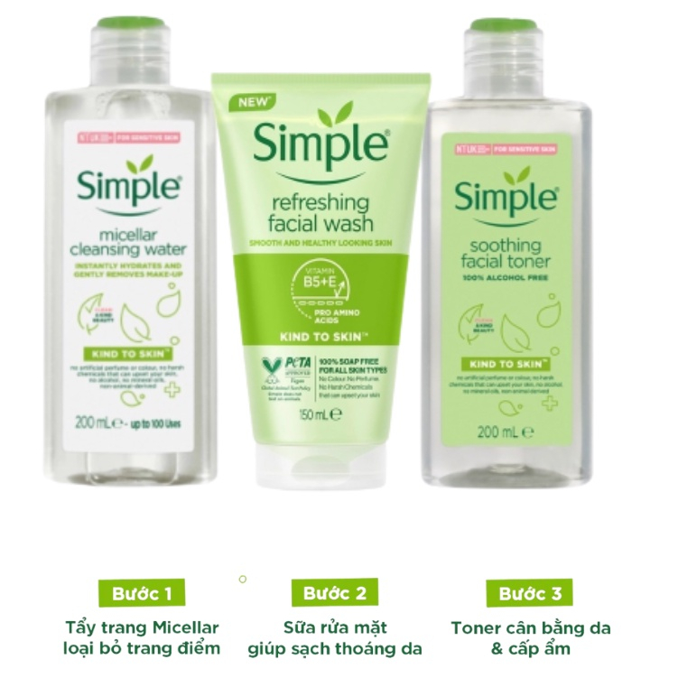 Rửa mặt dành cho da nhạy cảm SIMPLE 150ml / nước tẩy trang Simple 200ml| Nước hoa hồng Simple 200ml