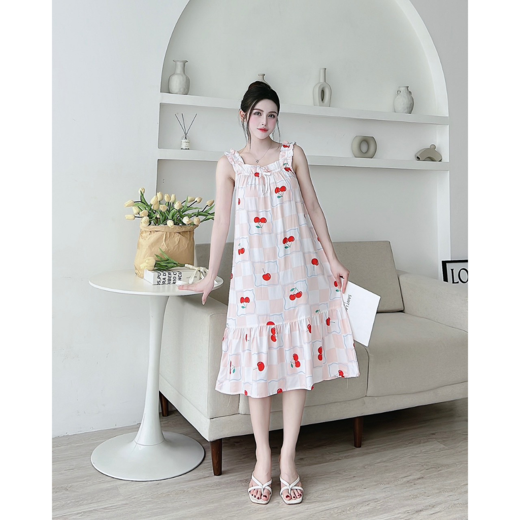 Váy lanh nữ cao cấp, chất vải lanh mềm nhẹ thoáng, thiết kế dáng váy 2 dây bản to dáng dài đuôi cá họa tiết độc đáo