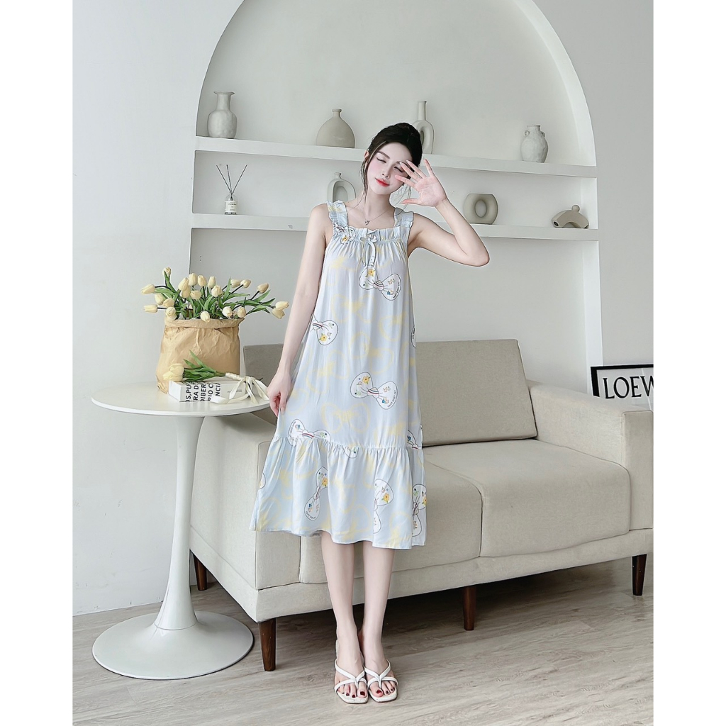 Váy lanh nữ cao cấp, chất vải lanh mềm nhẹ thoáng, thiết kế dáng váy 2 dây bản to dáng dài đuôi cá họa tiết độc đáo