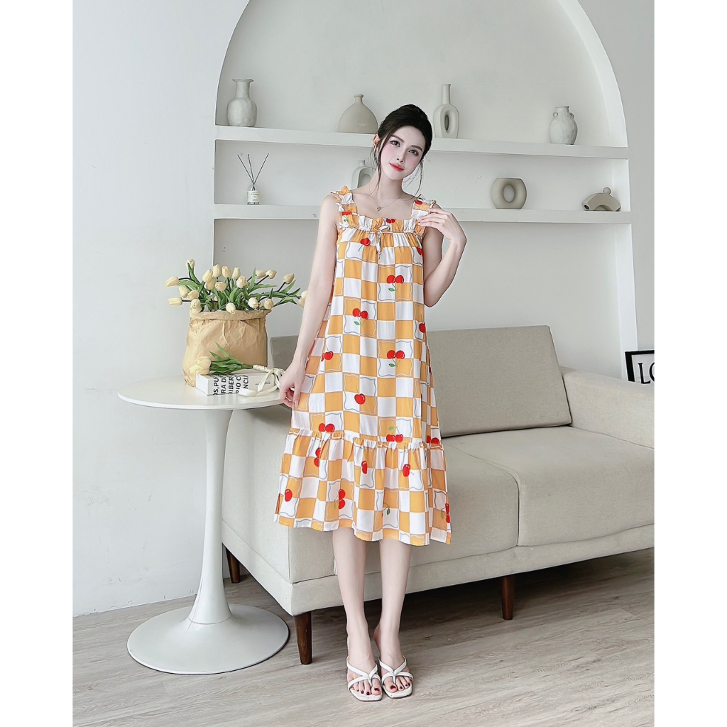 Váy lanh nữ cao cấp, chất vải lanh mềm nhẹ thoáng, thiết kế dáng váy 2 dây bản to dáng dài đuôi cá họa tiết độc đáo