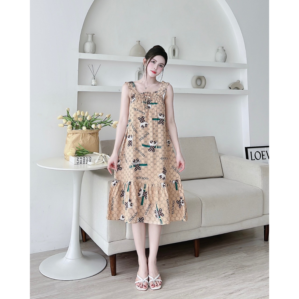 Váy lanh nữ cao cấp, chất vải lanh mềm nhẹ thoáng, thiết kế dáng váy 2 dây bản to dáng dài đuôi cá họa tiết độc đáo