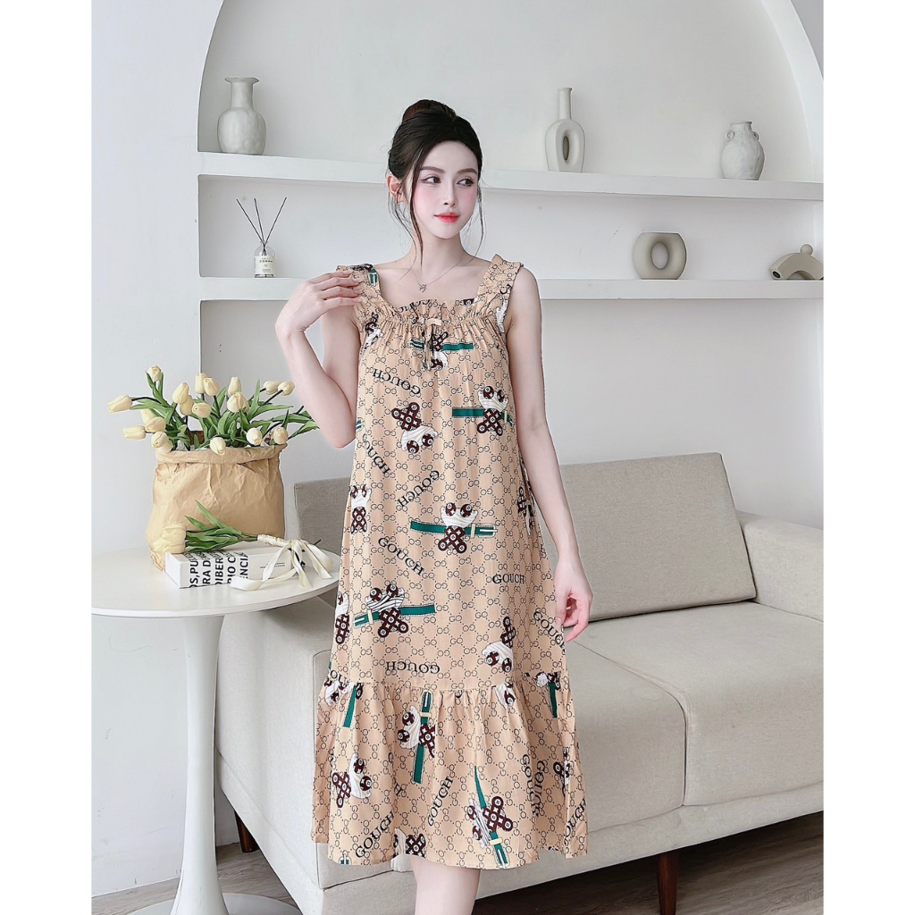 Váy lanh nữ cao cấp, chất vải lanh mềm nhẹ thoáng, thiết kế dáng váy 2 dây bản to dáng dài đuôi cá họa tiết độc đáo