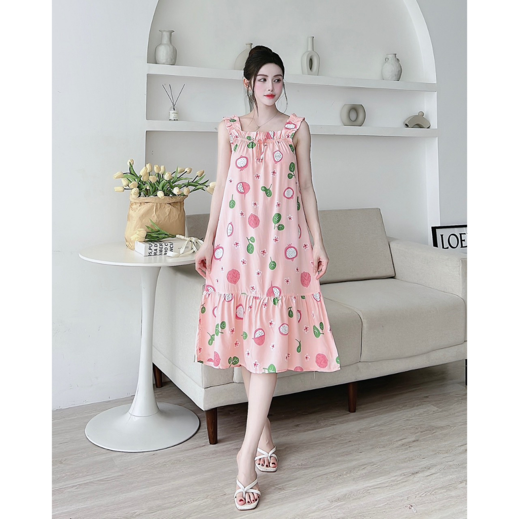 Váy lanh nữ cao cấp, chất vải lanh mềm nhẹ thoáng, thiết kế dáng váy 2 dây bản to dáng dài đuôi cá họa tiết độc đáo