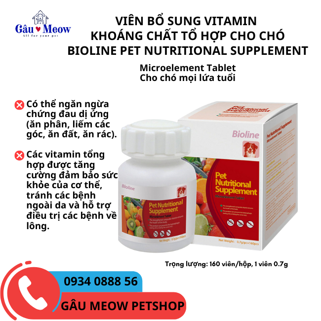 Bioline Pet Microelement Dogs Viên bổ sung Vitamin Khoáng chất tổ hợp cần thiết cho phát triển của chó - 160viên/hộp