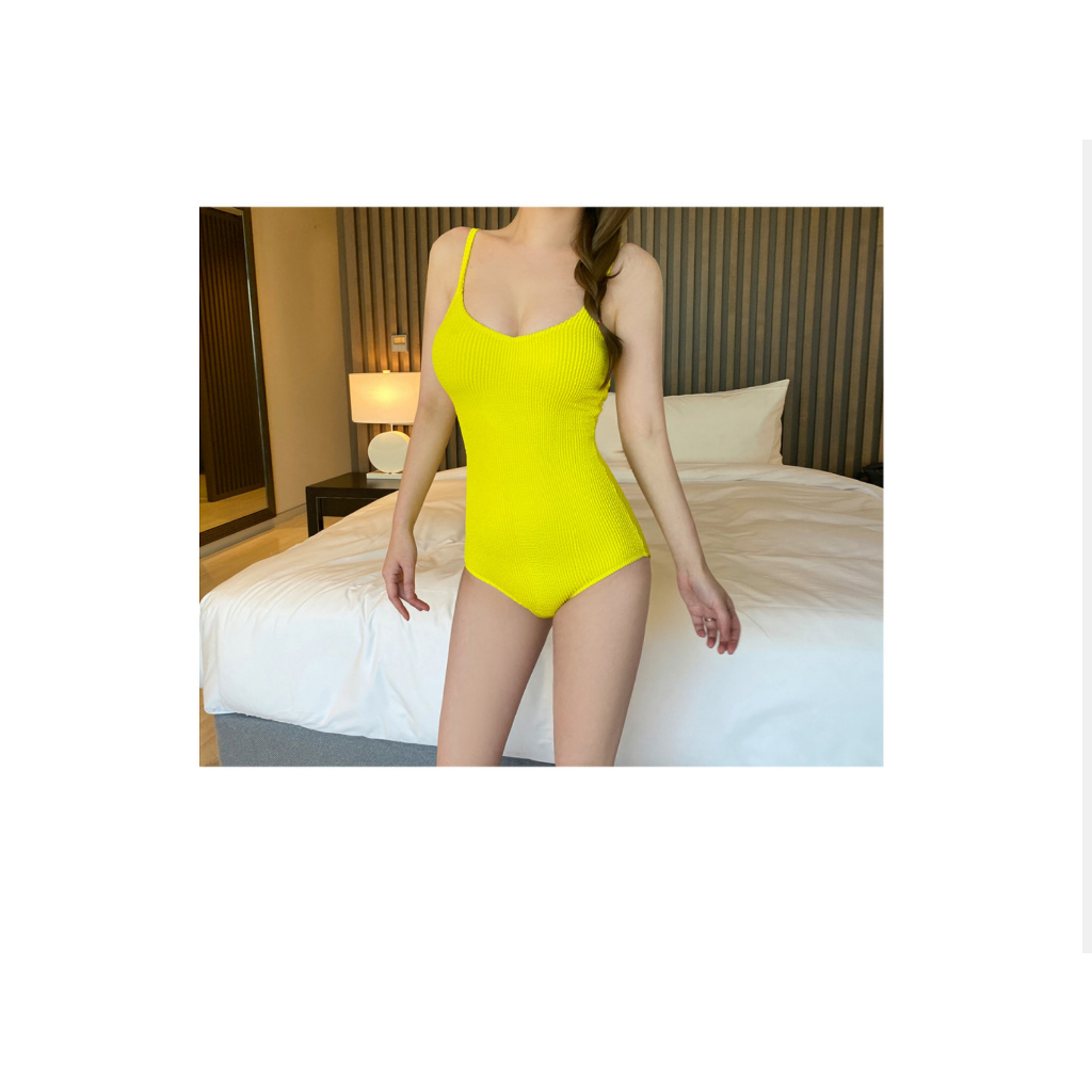 Mẫu mới 2023 Bikini vàng thun gân cao cấp, đồ bơi Hàn Quốc một mảnh sexy gợi cảm, màu vàng sáng da, monokini sống ảo