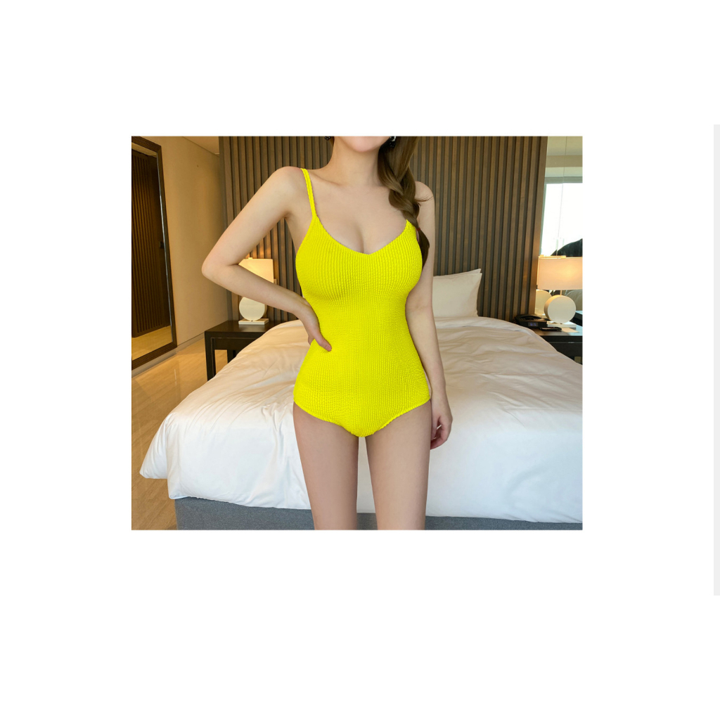 Mẫu mới 2023 Bikini vàng thun gân cao cấp, đồ bơi Hàn Quốc một mảnh sexy gợi cảm, màu vàng sáng da, monokini sống ảo