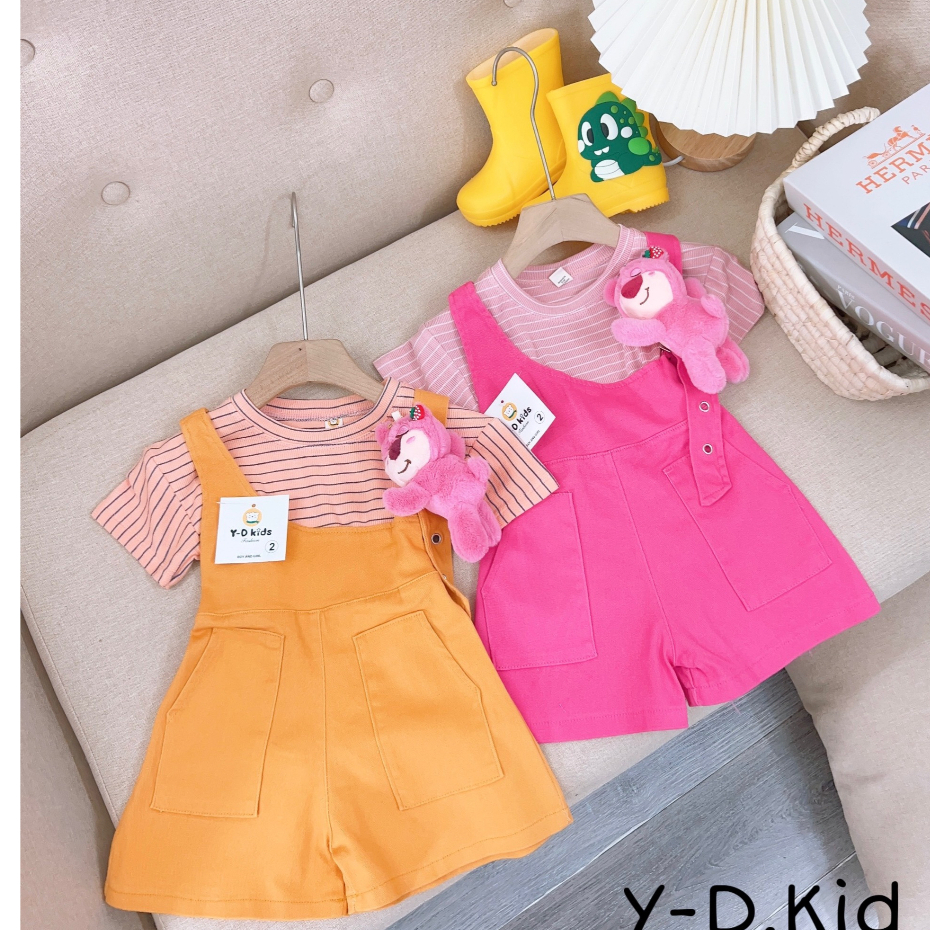 Set yếm bé gái áo phông kẻ kèm gấu đẹp sịn sò size 12 - 20kg