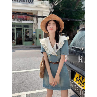 ĐẦM JEAN CỔ BÈO TRẮNG PHỐI NÚT KÈM NỊT