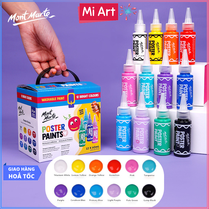 [Hỏa Tốc HCM] Bộ Màu Vẽ Mont Marte Poster Paint 12 Màu x 60ml - MPST6004 - Màu vẽ học sinh, sinh viên