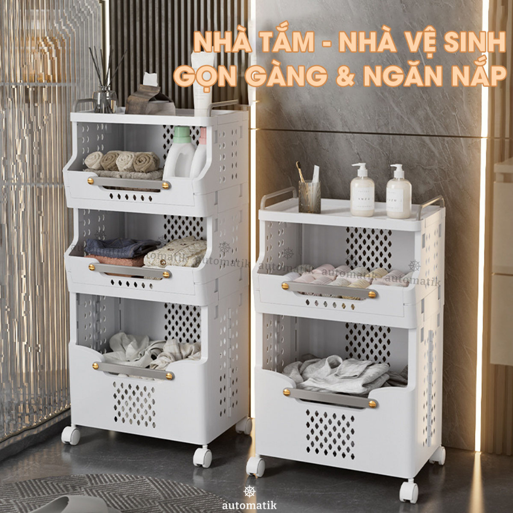 Kệ Để Đồ Nhà Tắm Kệ Đẩy Đựng Đồ Đa Năng Nhựa Có Bánh Xe Đựng Đồ Bẩn Vật Dụng Nhà Tắm - Automatik