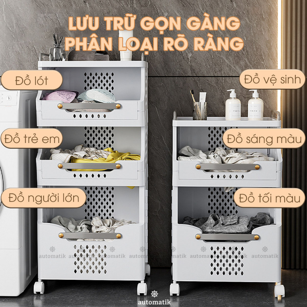 Kệ Để Đồ Nhà Tắm Kệ Đẩy Đựng Đồ Đa Năng Nhựa Có Bánh Xe Đựng Đồ Bẩn Vật Dụng Nhà Tắm - Automatik