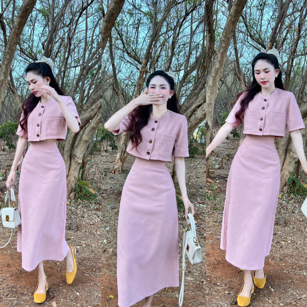 SET ÁO DẠ CROPTOP HỒNG NÚT GỖ + CHÂN VÁY MIDI SUÔNG (TH)